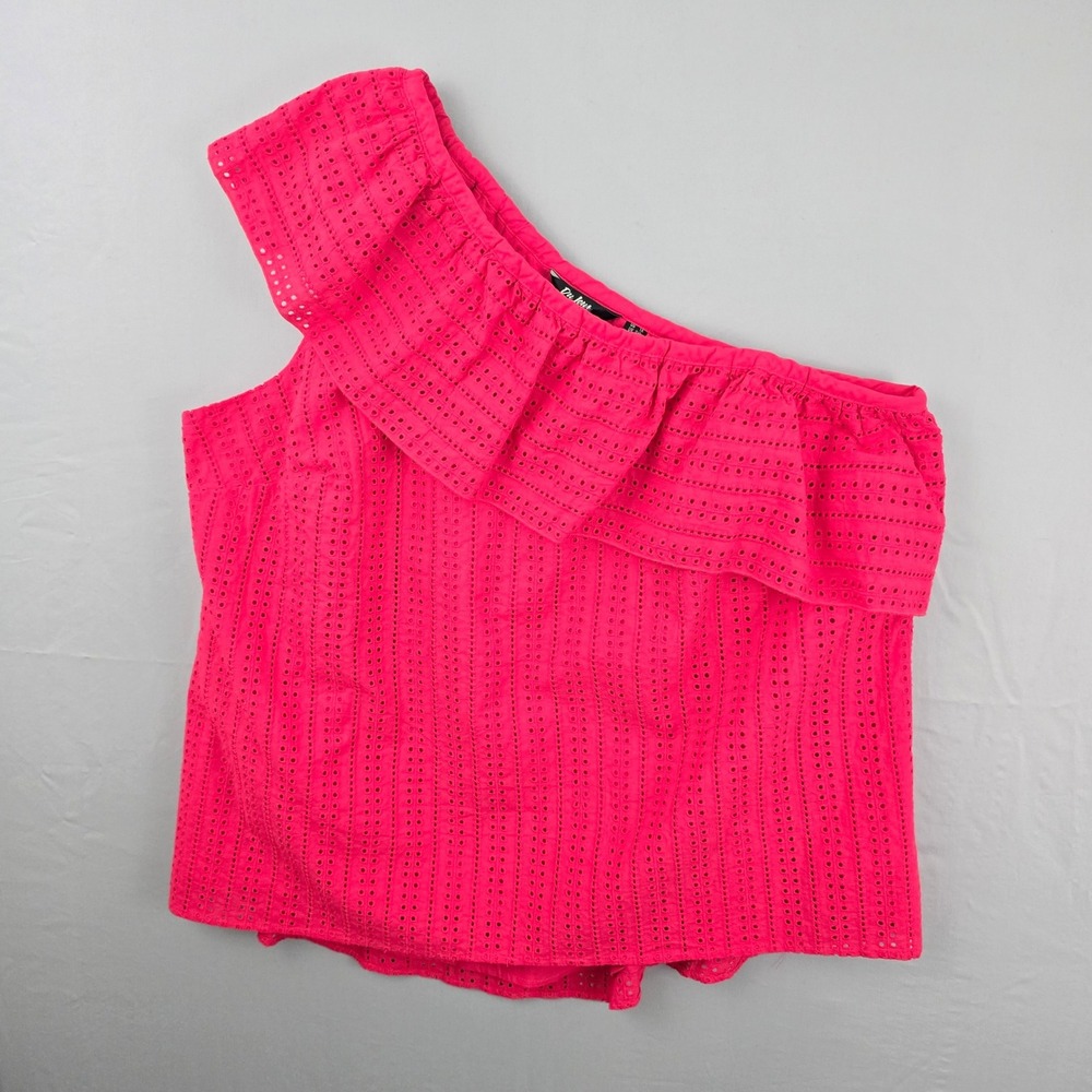Du Jour Ruffle One Shoulder Eyelet Lined Pink Women Shirt 1X‎